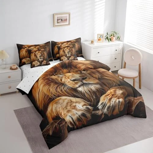 3D Lion Comforter Set with Sheets Lion Animal Print 7 Piece King Yellow - Picture 3 of 7