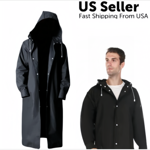 Men's Black Waterproof Long Raincoat – Hooded Trench Jacket For Outdoor Hiking – Lightweight Poncho Style