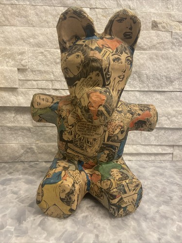 Folk Art / Pop-Art Comic Strip Papier Mache Teddy Bear Sculpture