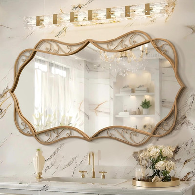 Gold Bathroom Wall Mirror: 24''X48'' Scalloped Modern Brass Gold Vanity Mirror for