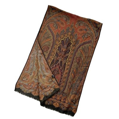 ETRO Wool Silk Paisley Pattern Large Shawl Brown 40cm x 128cm