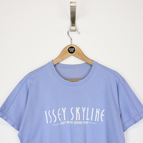 Issey Miyake, Vintage 80s Issey Miyake Skyline Blue and White Short Sleeve Spellout T-Shirt