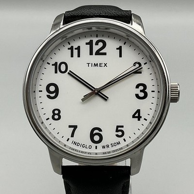 Timex Easy Reader Bold Mens Watch 43mml Silver Tone Black Leather Indiglo WR 50M