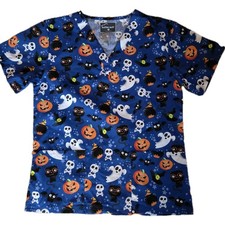 UA Buttersoft Scrub To Womens XS Blue Halloween Pattern 2 Front Pockets NWT 