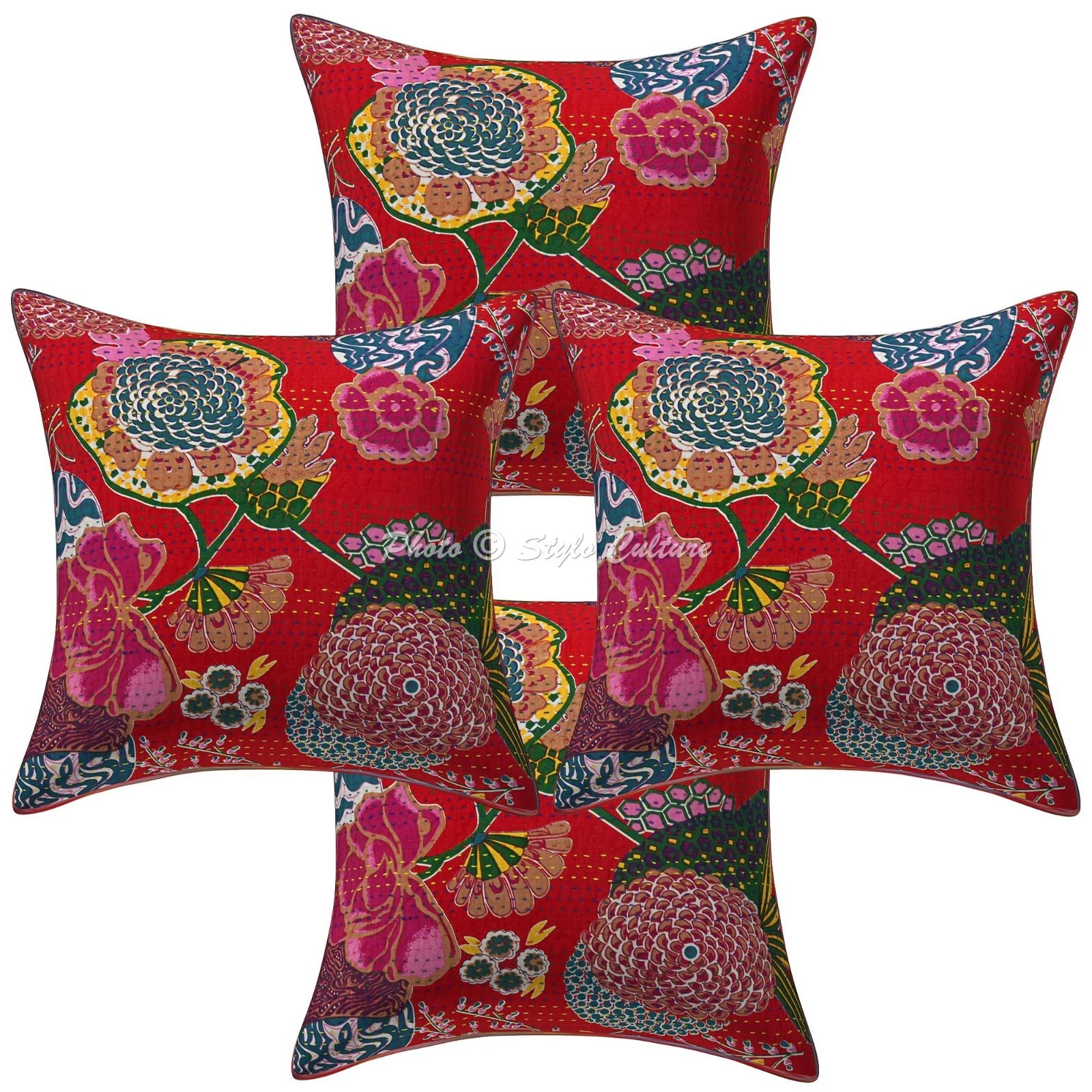 Indian Cotton Throw Pillow Covers Kantha Red Tropicana Home Decor Cushion Cover