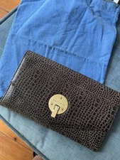 Smythson of Bond Street Travel Wallet Clutch In Mara Brown Embossed Leather