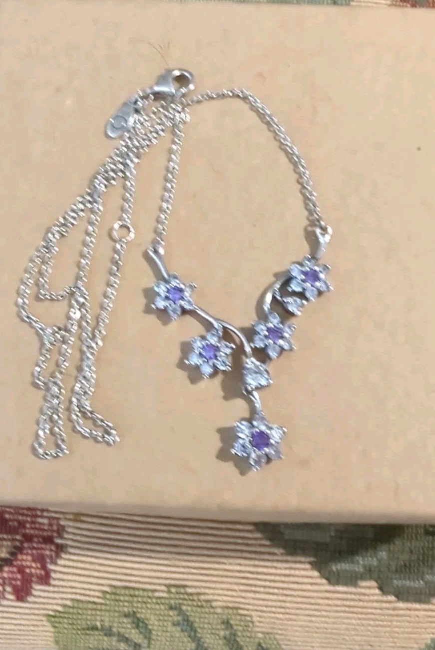 PANDORA S925 ALE White Purple CZ Forget Me Not Necklace 17.75 Inch Sterling Silver