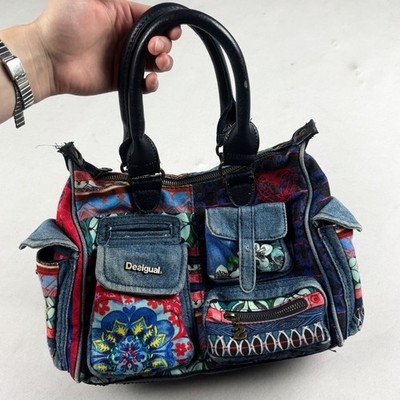 VTG Desigual Y2K Patchwork Denim Floral Multi Pocket Handbag Colorful Boho Bag