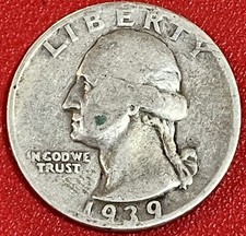 1939 Washington Quarter. 90% Silver. Free Shipping!