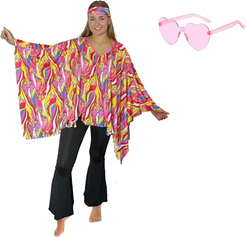 Women’s 70s Hippie Flower Poncho Costume with Heart Shaped Sunglasse Set