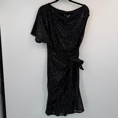 Grace Karin Black Sequin One Shoulder Wrap Cocktail Evening Dress Medium Glam