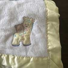 Vintage Acrylic Baby Blanket Satin Edge Cuddle Time Giraffe Bear Yellow Trim