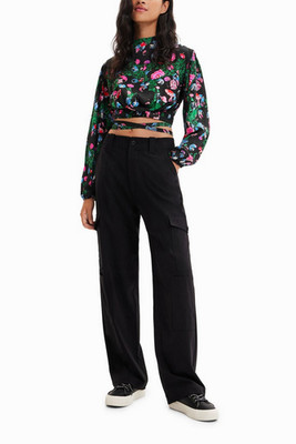 Desigual Damen Bluse Top Viskose Bunt Gebunden Cropped Gr.M 22WWBW09