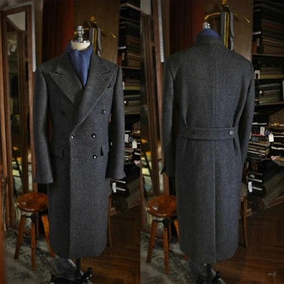 Tweed Herren Mantel Übers Knie Business Doppelreihig Spitzkragen Formell Modern - Bild 1 von 4
