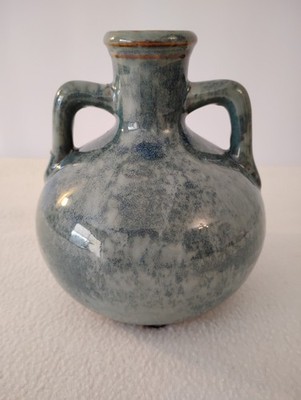 Vintage Two Tone Two Handle Green Small Jug Vase Marbled Sponge Effect Unmarked.
