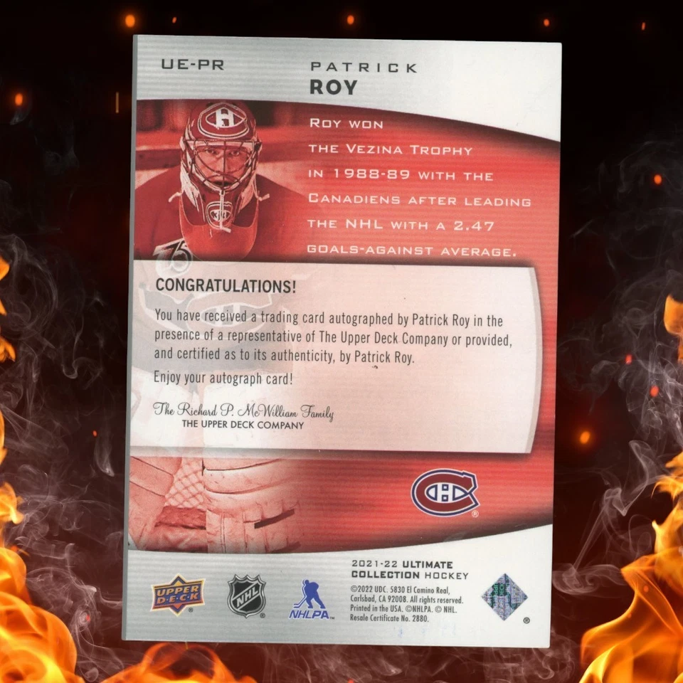 Patrick Roy 2021-22 Upper Deck Ultimate Collection automático #UE-PR Foto 2 de 3