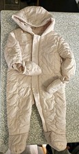 M&S Baby Pramsuit 9-12 Months Cream Fleece Lined Hood Mittens 3 Piece Set