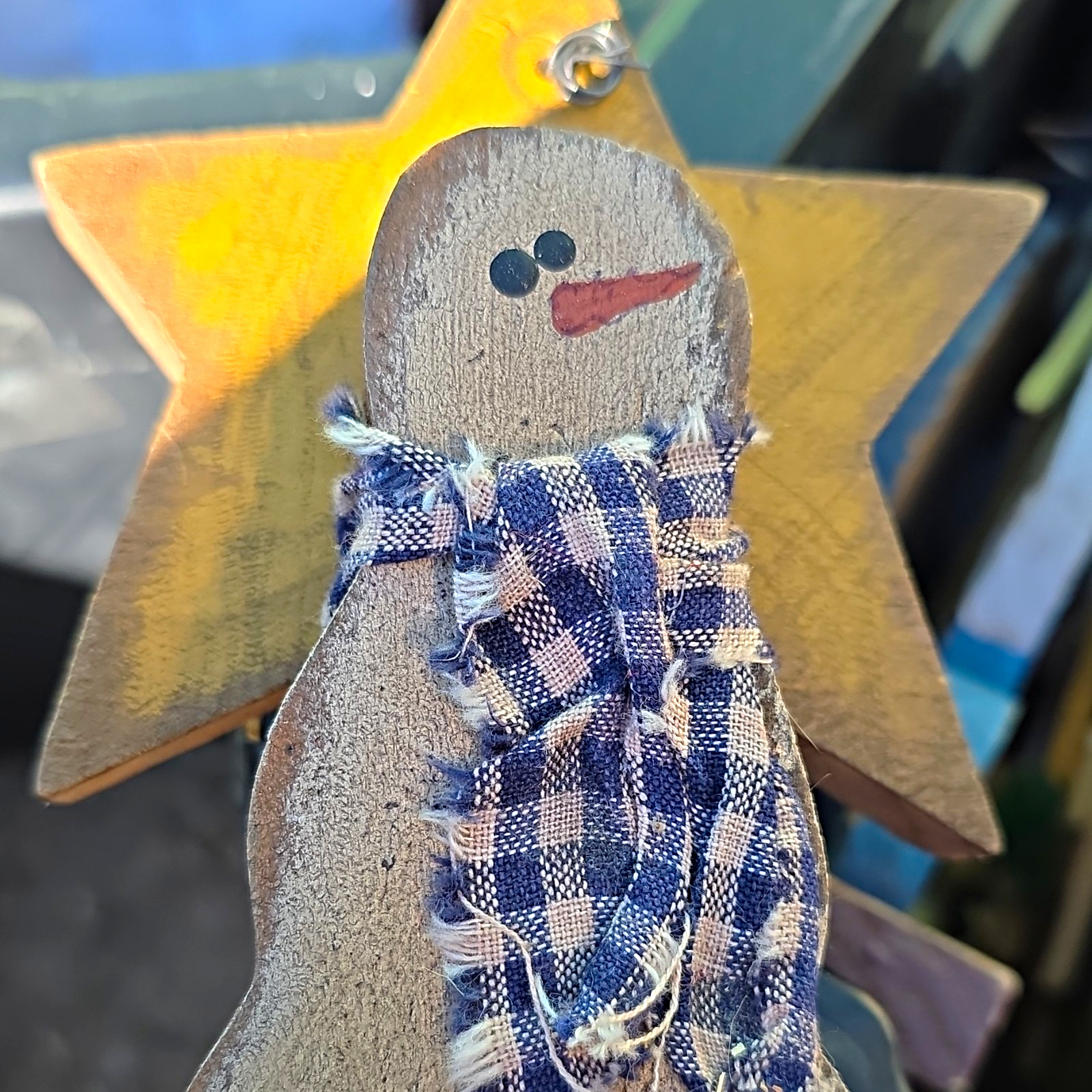 Hanging Wooden Snowman Christmas Tree Ornament w/ Checked Fabric Scarf & Star