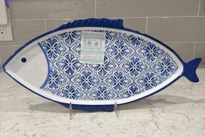 Sigrid Olsen Beach To Bistro FISH 16  X 7.5  Blue Floral Platter Tray Melamine