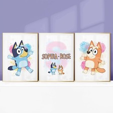 Personalisierte Bluey Wandbilder Rosa M&auml;dchen Schlafzimmer Kinderzimmer Bingo Drucke 3er Set