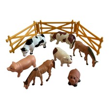 Lot Of 8 Vintage Hard Plastic Farm Animals And Fence - Cows Pigs Horses