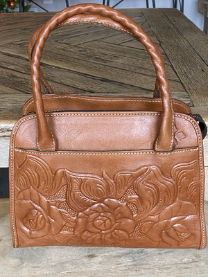 Patricia Nash Tooled Florence Brown Leather Paris Floral Sm Satchel Handbag 