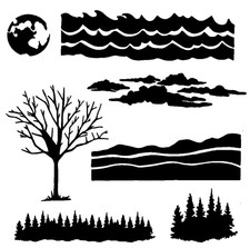 Really Great Stencils, Waves, Trees, Clouds, 8x8", Forest, Landscape, Hills