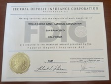 RARE EBAY 1/1 Vintage 2004 Wells Fargo Bank FDIC Insurance Certificate No. 3511