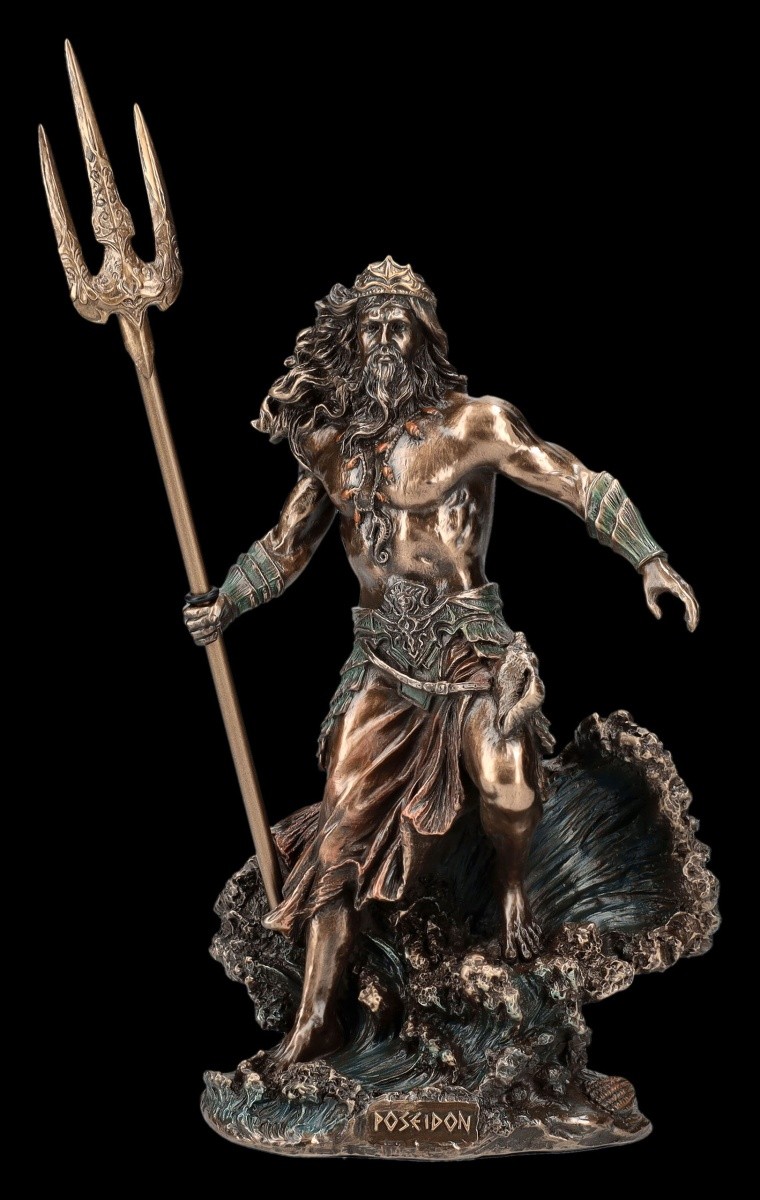 Veronese Poseidon Figur, Hand-Painted Resin Statue, Bronze Finish, H 25.5