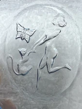 Antique Intaglio Nude Woman Swinging Cat Butterfly Bright Blue Glass Salt Dip