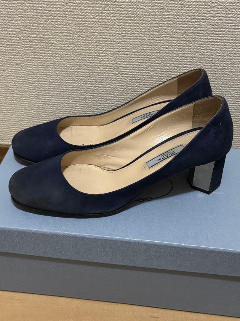 PRADA Women's Pumps Low Heels Size:37.5/JP:24 Suede Navy From Japan 135166K Auth