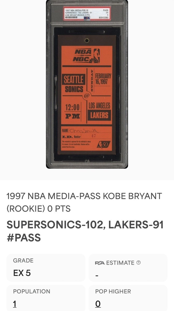 1997 KOBE BRYANT ROOKIE YEAR MEDIA PASS🎟️2/16/97 LAKERS
