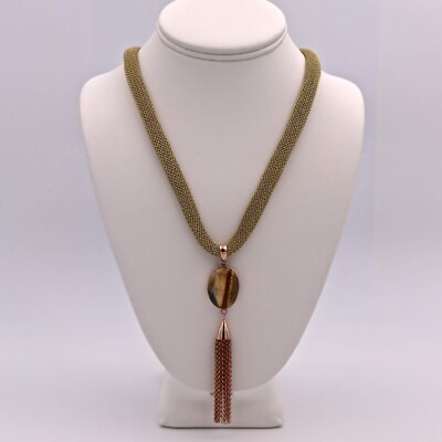 Adami and Martucci Gold Mesh Necklace With Tiger's Eye Stone Rose Gold Pendant