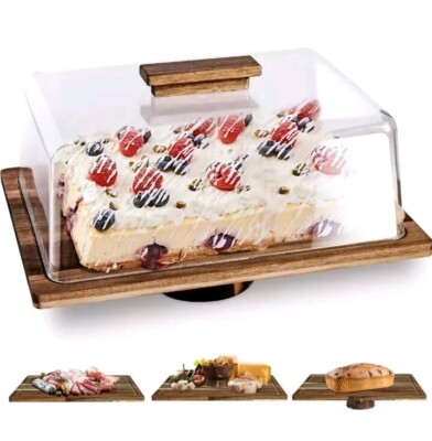 NWK 3-in-1 Kuchenständer mit Deckel Rustikal Akazienholz Kuchenplatte mit Standfuß, F
