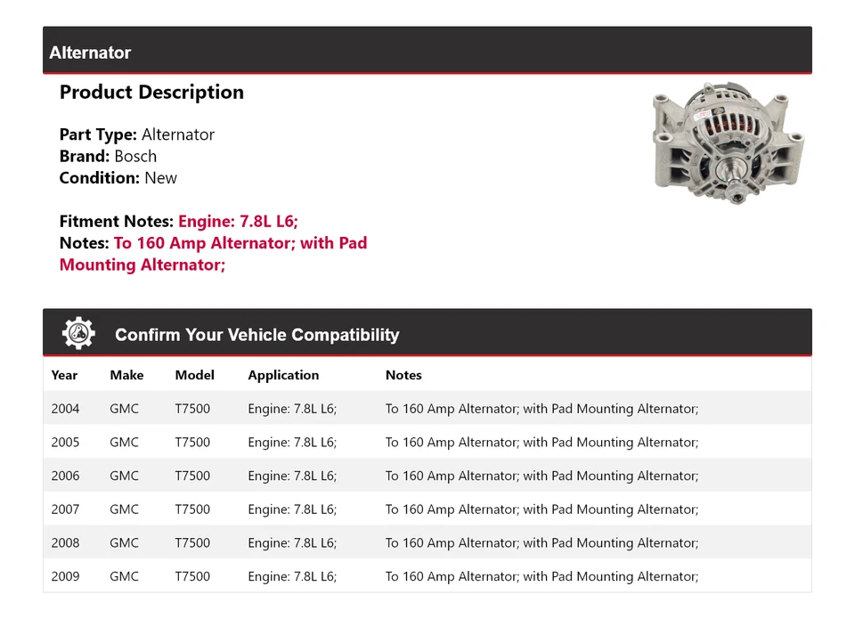 Alternador Bosch GMC T7500 2004-2009 7,8 L L L6 (Nuevo) 2005 2006 2007 2008 Foto 2 de 4
