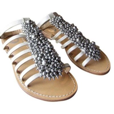 Anthropologie Strappy Mega Beads Leather Sandals Cream Silver Size 6