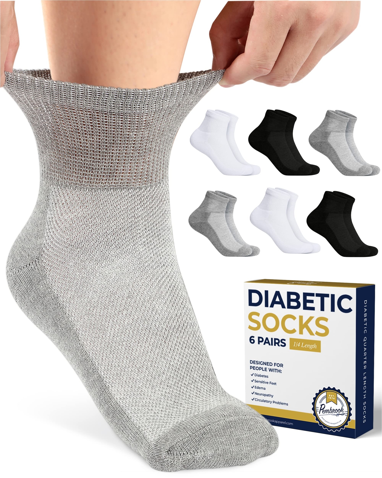 Pembrook Ankle Diabetic Socks for Men & Women | 6 Pairs Black White Gray Medium