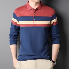 100 Cotton Autumn Men's Long Sleeve Stripe Business Warm Polo Shirt