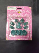 Porcelain Mini Tea Set Green 11 Pc Cups, Plates, Pot Etc Vintage NIB