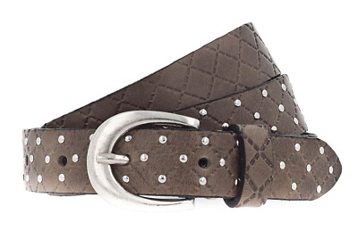 b.belt Lilou Silver Leder-Nietengürtel W95 Gürtel Accessoire Grey Taupe Neu