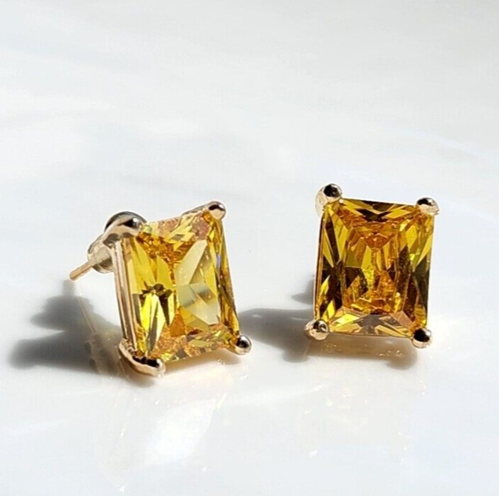 2Ct Emerald Cut Simulated Citrine Stud Earrings in 14K Yellow Gold Plated