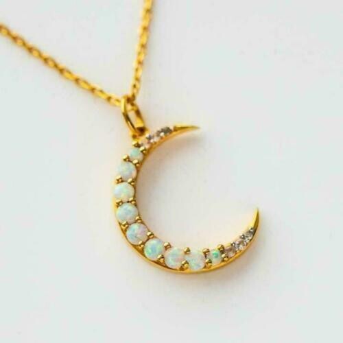 Rundschliff simulierter Feueropal Mond Anhänger mit Kette in 14k Gelbgold vergoldet - Bild 1 von 4