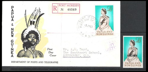 PAPUA & NEW GUINEA 1963 £1 SPECIMEN & £1 FDC (JF-F)
