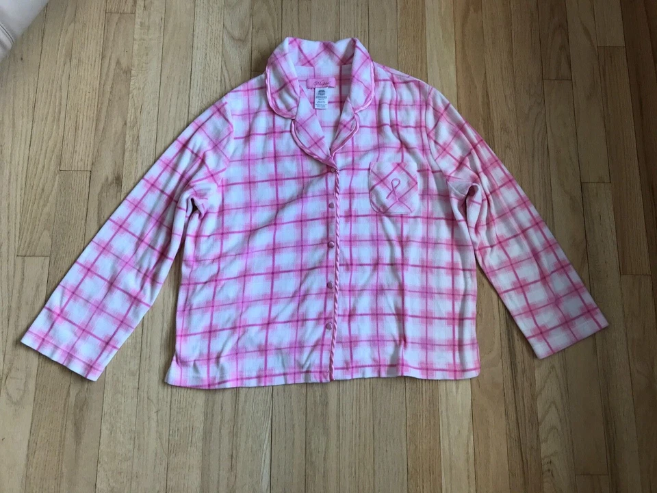 WHISPERS PINK WHITE PLAID PINK RIBBON BREAST CANCER AWARENESS PAJAMAS SIZE L - Image 2 of 4