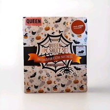 New  Envogue QUEEN 4pc Sheet Set  Halloween Ghosts Bats Cats Moon Stars  NWT