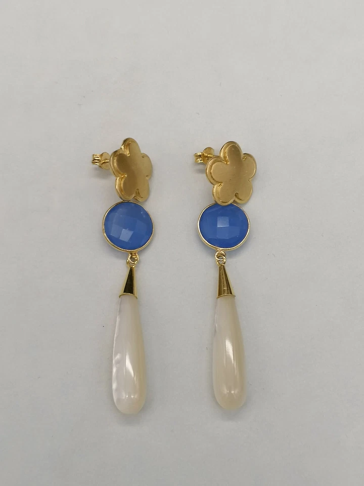 orecchini donna goccia pendenti madreperla agata argento 925 bagno oro giallo - Immagine 4 di 4