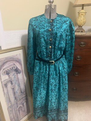 lady carol dress Lady Carol Retro Green and Black Dress Long Sleeve, Belted Vintage Size 14
