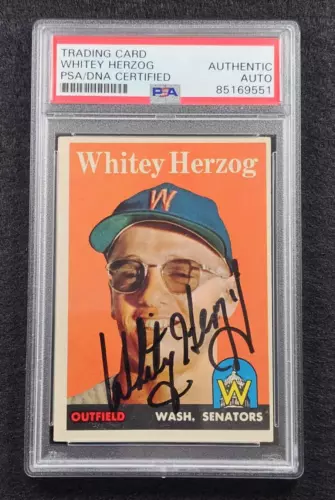 1958 WHITEY HERZOG Signed Topps Card-HALL OF FAME-WASHINGTON SENATORS-PSA