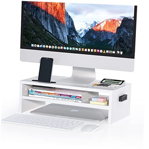 Monitor Stand Riser 2 Tiers Wood Monitor Riser Stand with Storage White-image