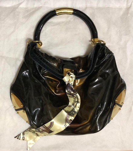 GUCCI Indy Bamboo Hand Bag Shoulder Bag Enamel Leather Black x Brown Used - 第 1/17 張圖片
